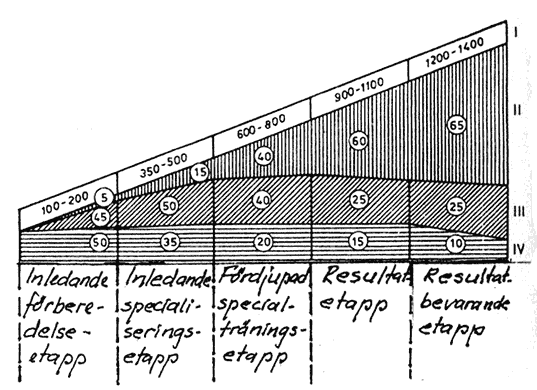 Figur 30. Strukturen i mångårig träningsprocess hos simmare (Platonov, Vaitsechovski, 1985)